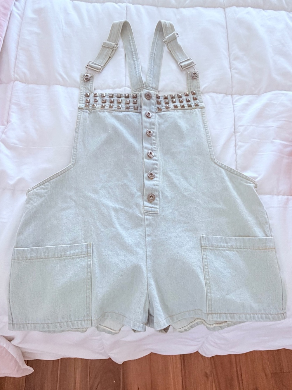 POL Light Denim Short Overalls with Stud Detail